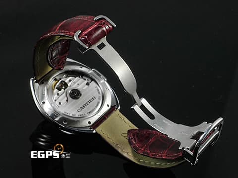 CARTIER 卡地亞 CLE DE CARTIER 鑰匙形錶冠 WSCL0017 銀色透明琺瑯雕紋錶盤 2021年保卡 酒紅色皮帶款 自動上鍊 35mm