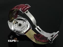 CARTIER 卡地亞 CLE DE CARTIER 鑰匙形錶冠 WSCL0017 <font color="#05f0f0">銀色透明琺瑯雕紋錶盤</font> <font color="#FF0000">2021年保卡</font> 酒紅色皮帶款 自動上鍊 35mm