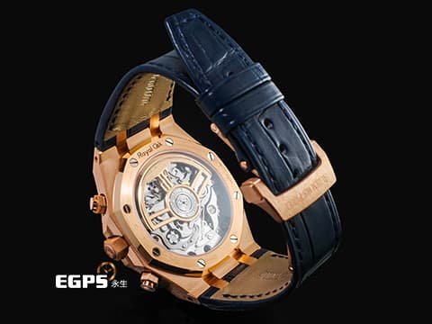 Audemars Piguet 愛彼 AP錶 Royal Oak Chronograph 皇家橡樹 18K玫瑰金材質 26240OR.OO.D315CR.02 夜雲藍色「Grande Tapisserie」格紋面盤 飛返 計時碼表 2026年保卡 自動上鍊 41mm
