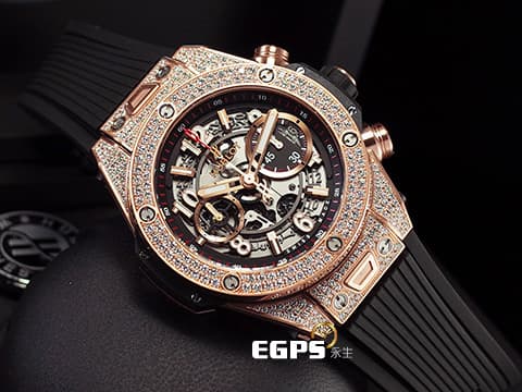 HUBLOT 宇舶 Big Bang Unico 大爆炸 411.OX.1180.RX.1704 原鑲鑲鑽 飛返 計時碼表 玫瑰金 鏤空面盤 自動上鍊 45mm