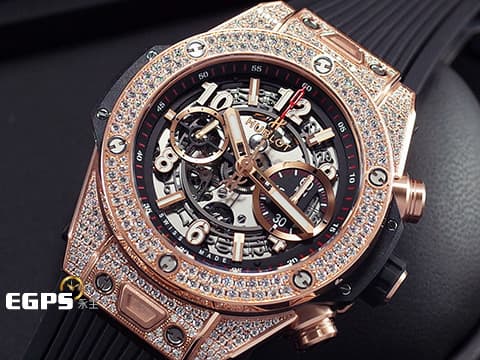 HUBLOT 宇舶 Big Bang Unico 大爆炸 411.OX.1180.RX.1704 原鑲鑲鑽 飛返 計時碼表 玫瑰金 鏤空面盤 自動上鍊 45mm