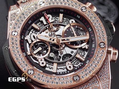 HUBLOT 宇舶 Big Bang Unico 大爆炸 411.OX.1180.RX.1704 原鑲鑲鑽 飛返 計時碼表 玫瑰金 鏤空面盤 自動上鍊 45mm