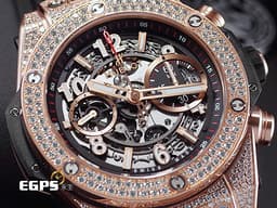 HUBLOT 宇舶 Big Bang Unico 大爆炸 411.OX.1180.RX.1704 <font color="#aedeea">原鑲鑲鑽</font><font color="#FF0000"> </font>飛返 計時碼表 <font color="#f3c39b">玫瑰金 鏤空面盤</font> 自動上鍊 45mm