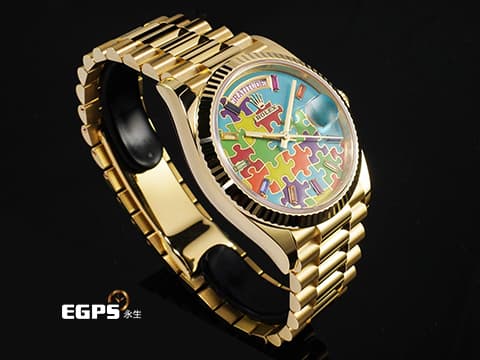 ROLEX 勞力士 Day-Date 36 蠔式 星期日曆型 128238 DD36 18K黃金材質 稀有款 Puzzle Dial Tiffany 綠松石色拼圖面盤 每天都是不同圖案的日期窗 彩虹色寶石時標 2026年保卡 元首型(President)錶帶 總統帶 自動上鍊 36mm