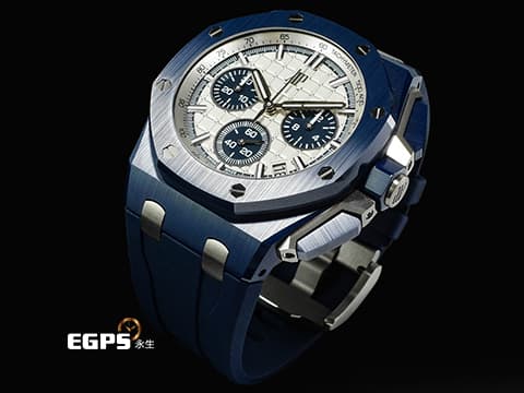 Audemars Piguet AP錶 愛彼 Royal Oak Offshore 皇家橡樹離岸型 飛返計時碼錶 26420CD.OO.A029VE.01 深藍色「雲夜藍50」陶瓷材質 米色「Méga Tapisserie」超大型格紋裝飾錶面 2026年保卡 兩款風格橡膠錶帶 新式快拆功能 僅試戴近新品 自動上鏈 43mm