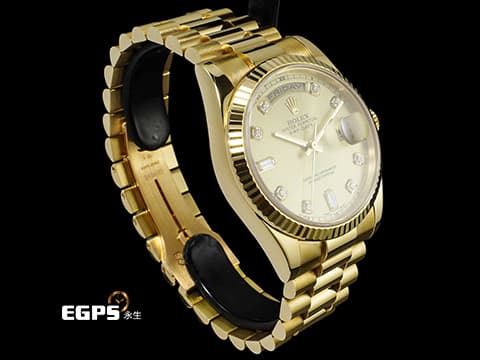 ROLEX 勞力士 Day-Date 36 蠔式 星期日曆型 118238G 原廠鑽石時標 皇帝金色面盤 18K黃金材質 DD36 經典三角坑紋錶圈 元首型(President)錶帶 總統帶 台灣公司貨 自動上鍊 36mm