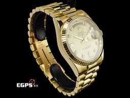 ROLEX 勞力士 Day-Date 36 蠔式 星期日曆型 118238G <font color="#f5e57a">原廠鑽石時標 皇帝金色面盤 18K黃金材質</font> DD36 經典三角坑紋錶圈 <font color="#ff0000">元首型(President)錶帶 總統帶 台灣公司貨</font> 自動上鍊 36mm