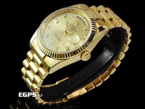 ROLEX 勞力士 Day-Date 36 蠔式 星期日曆型 118238G 原廠鑽石時標 皇帝金色面盤 18K黃金材質 DD36 經典三角坑紋錶圈 元首型(President)錶帶 總統帶 台灣公司貨 自動上鍊 36mm