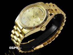 ROLEX 勞力士 Day-Date 36 蠔式 星期日曆型 118238G <font color="#f5e57a">原廠鑽石時標 皇帝金色面盤 18K黃金材質</font> DD36 經典三角坑紋錶圈 <font color="#ff0000">元首型(President)錶帶 總統帶 台灣公司貨</font> 自動上鍊 36mm