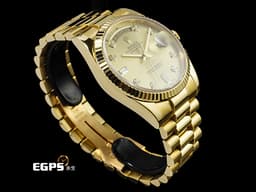 ROLEX 勞力士 Day-Date 36 蠔式 星期日曆型 118238G <font color="#f5e57a">原廠鑽石時標 皇帝金色面盤 18K黃金材質</font> DD36 經典三角坑紋錶圈 <font color="#ff0000">元首型(President)錶帶 總統帶 台灣公司貨</font> 自動上鍊 36mm