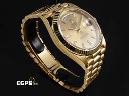 ROLEX 勞力士 DAY-DATE 40 蠔式星期日誌型 DD 228238 18K黃金材質 <font color="#fbf8d5">香檳金色面盤 原廠鑲嵌方形切割鑽石時標</font> <font color="#ff0000">黃冰糖 2020年保卡 台灣公司貨 錶友蒐藏未使用品</font> 自動上鍊 40mm