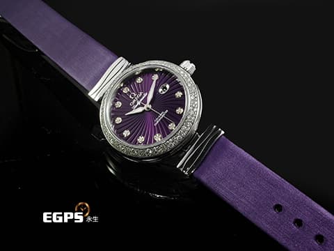 OMEGA 歐米茄 Ladymatic DeVille 碟飛 42537342060001 不鏽鋼材質 紫色旋渦珍珠貝母面盤 原廠鑲嵌鑽石時標、雪花錶圈 同軸擒縱 自動上鍊 34mm