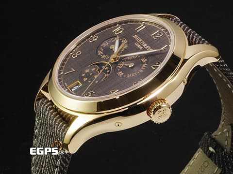 Patek Philippe 百達翡麗 PP錶 Complications 複雜功能時計 4946R-001 18K玫瑰金材質 栗色橫直緞面面盤 年曆錶、月相顯示 2025年保單 新錶訂價:1,796,000元 自動上鍊 38mm