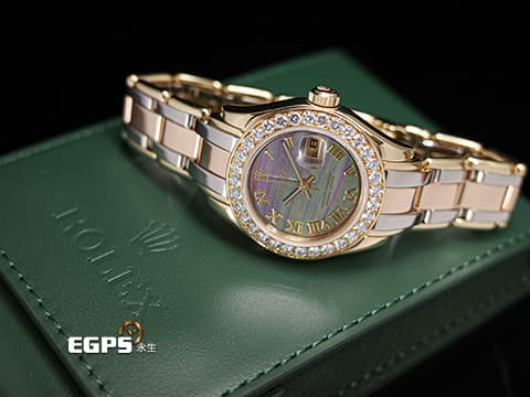 ROLEX 勞力士 Lady-Datejust Pearlmaster 69298 原廠鑲鑽 珍珠母貝面盤 18K黃金材質【三色金錶帶】 已回原廠檢修,延長保固至2027年 自動上鏈 28mm