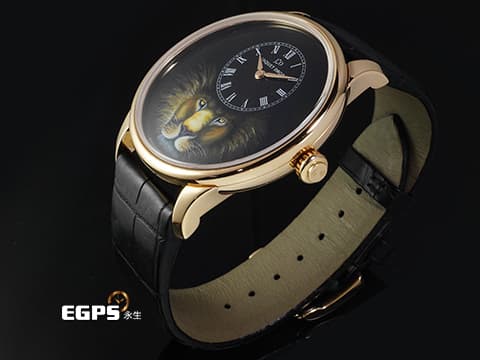 JAQUET DROZ 雅克德羅 Petite Heure Minute Lion 黑色大明火琺瑯面盤 百獸之王獅子微縮繪畫工藝 J005033321 18L玫瑰金材質 自動上鍊 2024年保單 僅試戴收藏品 全球限量28只 43mm