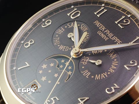 Patek Philippe 百達翡麗 PP錶 Complications 複雜功能時計 4946R-001 18K玫瑰金材質 栗色橫直緞面面盤 年曆錶、月相顯示 2025年保單 新錶訂價:1,796,000元 自動上鍊 38mm