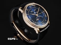 BLANCPAIN 寶鉑 Villeret 6654-3640-55B 18K玫瑰金材質 <font color="#0582f5">透明琺瑯漆藍色放射紋飾面盤</font> <font color="#0582f5">全日曆 經典寶珀笑臉月相顯示</font><font color="#ff0000"> 2024年保卡</font> 自動上鍊 40mm