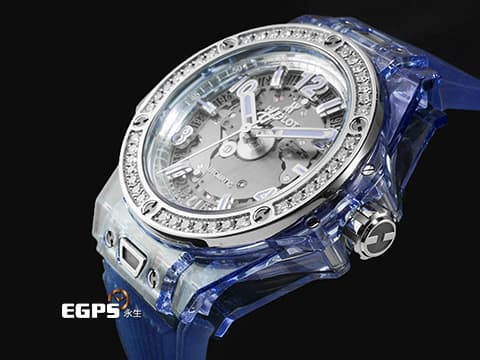 HUBLOT 宇舶 Big Bang 大爆炸 465.JL.4802.RT.1204 藍色水晶材質 快拆功能設計 【絕版增值艷麗款】極少見薰衣草藍水晶錶殼 <特殊藍寶石水晶收藏盒>原廠鑲嵌鑽石錶圈 2019年保卡 全球限量200支 新錶訂價:2,616,000元 自動上鍊 39mm