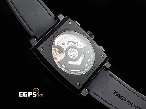 Tag Heuer 泰格 豪雅 Monaco Chronograph 摩納哥 CBL2184.FT6236 計時碼錶 黑色DLC塗層鈦金屬材質 Tiffany 綠松石色夜光計時錶盤 鏤空面盤 2026年保卡 賽車錶 自動上鍊 39mm