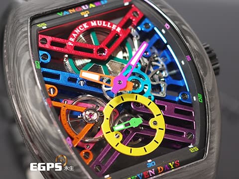 Franck Muller 法蘭穆勒 FM錶 Vanguard Skeleton V41 鍛造炭材質錶殼 V41 S6 SQT COL DRM 七日鍊 Colour Dreams鏤空面盤 小秒針 酒桶型 2025年保單 手動上鍊 41mm