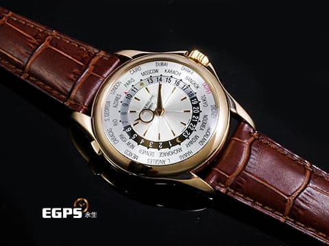 Patek Philippe PP 百達翡麗 Complications 複雜功能時計 World Time 世界時區 5130R 18K玫瑰金材質 金質時標、指針 米白色放射狀雕紋面盤 不是HONGKONG~ 不是BEIJING~ 極稀少TAIPEI刻度版 自動上鏈 39.5 mm