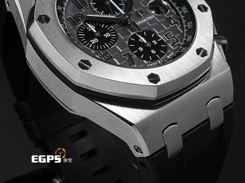 Audemars Piguet AP錶 愛彼錶 Royal Oak Offshore 皇家橡樹離岸型 26470ST.OO.A104CR.01 不鏽鋼材質 啞灰色Méga Tapisserie超大型格紋裝飾面盤 羅馬數字時標 自動上鏈 42mm