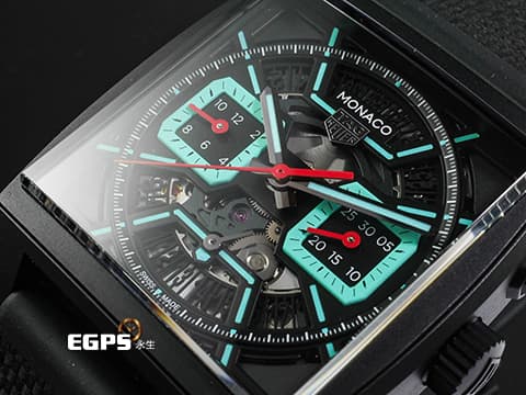Tag Heuer 泰格 豪雅 Monaco Chronograph 摩納哥 CBL2184.FT6236 計時碼錶 黑色DLC塗層鈦金屬材質 Tiffany 綠松石色夜光計時錶盤 鏤空面盤 2026年保卡 賽車錶 自動上鍊 39mm