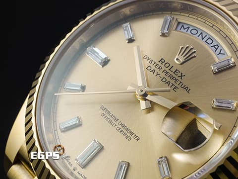 ROLEX 勞力士 DAY-DATE 40 蠔式星期日誌型 DD 228238 18K黃金材質 香檳金色面盤 原廠鑲嵌方形切割鑽石時標 黃冰糖 2020年保卡 台灣公司貨 錶友蒐藏未使用品 自動上鍊 40mm