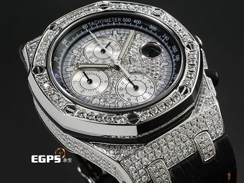 Audemars Piuget 愛彼 AP錶 Royal Oak Offshore 25940 皇家橡樹離岸型 不鏽鋼材質 精鑲鑽石滿天星面盤、鑲鑽錶圈、鑲鑽錶殼 自動上鍊 計時碼表 42mm