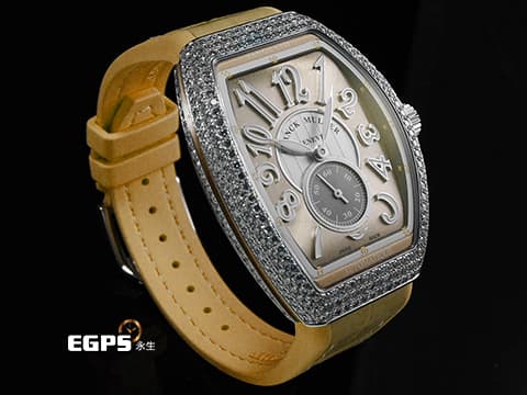 Franck Muller 法蘭穆勒 FM Vanguard Lady Slim Vintage V35 S 奶茶色面盤 原廠鑲嵌308顆頂級天然美鑽(約4.44克拉)小秒針 不鏽鋼材質 2025年保單 自動上鍊 35x46.3mm