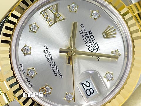 ROLEX 勞力士 Lady Date-Just 279173 18K黃金材質 半金款 原廠鑲嵌星型鑽石時標 銀白色太陽紋面盤 2025年保卡 蠔式女錶 28mm