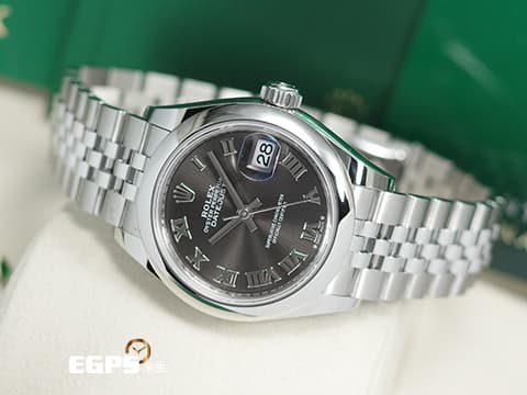 ROLEX 勞力士 Lady-Datejust 28 蠔式日誌型 279160 深灰色面盤 搭配羅馬數字時標 經典 DJ28 不鏽鋼 2025年保卡 紀念型(Jubilee)五銖錶帶 自動上鍊 28mm