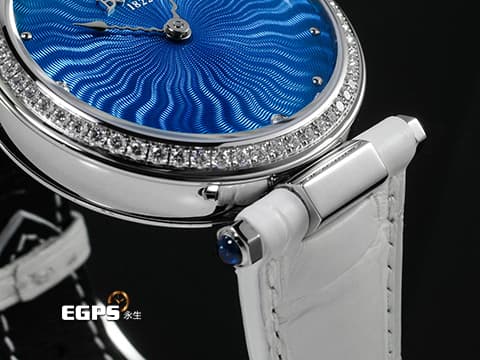 BOVET 播威 Miss Audrey AS36061SD12 不鏽鋼材質 原廠鑲嵌103顆鑽石錶圈、錶耳 藍色電光藍機刻紋面盤 附原廠項鍊 可作為腕錶佩戴、或作為項鍊佩戴 2025年保單 新錶訂價:1,050,000元 自動上鍊 36.2mm