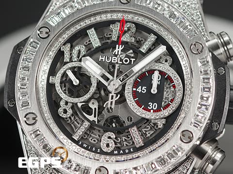 HUBLOT 宇舶 Big Bang Unico 45 Titanium 大爆炸 411.NE.2010.LR.JSM15 鈦金屬 飛返 計時碼表 精鑲鑽石、梯鑽錶框、鑽石時標 鏤空面盤 自動上鍊 45mm