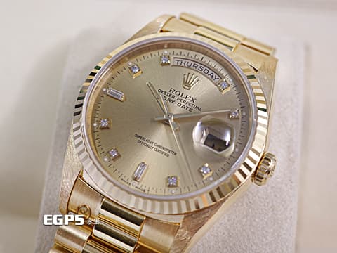 ROLEX 勞力士 Day-Date 36 蠔式 星期日曆型 18238A 原廠鑽石時標 皇帝金色面盤 18K黃金材質 DD36 經典三角坑紋錶圈 18238 A 元首型(President)錶帶 總統帶 自動上鍊 36mm