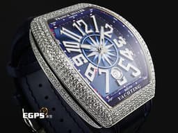 Franck Muller 法蘭穆勒 FM Vanguard YACHT V41 SC DT 不鏽鋼材質 <font color="#05f0f0">精鑲鑽石錶殼、錶扣</font> <font color="#0582f5">藍色面盤</font> 自動上鏈 40.8X50mm