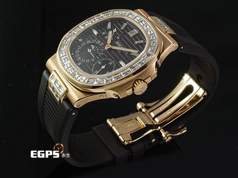 Patek philippe 百達翡麗 PP錶 Nautilus 鸚鵡螺 金鷹系列 5712R-001 18K玫瑰金材質 精鑲大梯鑽框 絕版日內瓦印記 月相盈虧 動能顯示 附原廠出廠證明單 自動上鍊43x38mm