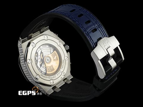 Audemars Piguet AP錶 愛彼錶 Royal Oak Offshore 皇家橡樹離岸型 26470ST.OO.A027CA.01 不鏽鋼材質 海軍 NAVY 精鑲天然滿天星鑽石表面、錶圈、錶殼 2016年保單 台灣公司貨 自動上鏈 42mm