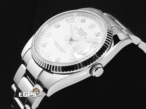 ROLEX 勞力士 DATAJUST CA 115234 不鏽鋼材質 18K白金材質太陽坑紋錶圈 原廠鑲嵌鑽石時標 2017年保卡 自動上鍊 34mm