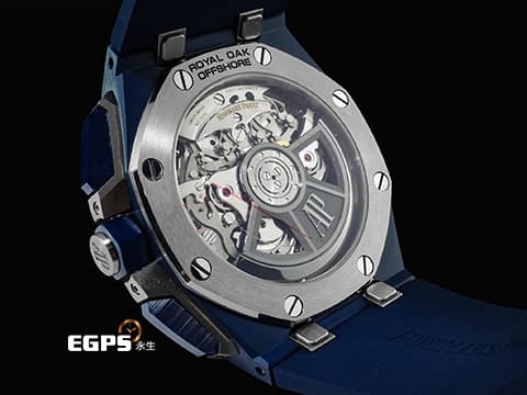 Audemars Piguet AP錶 愛彼 Royal Oak Offshore 皇家橡樹離岸型 飛返計時碼錶 26420CD.OO.A029VE.01 深藍色「雲夜藍50」陶瓷材質 米色「Méga Tapisserie」超大型格紋裝飾錶面 2026年保卡 兩款風格橡膠錶帶 新式快拆功能 僅試戴近新品 自動上鏈 43mm