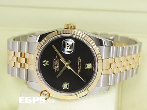 ROLEX 勞力士 Datejust 36 蠔式日誌型 116233 2RB 18K黃金材質 半金款 稀有黑瑪瑙 69鑽標 無字特殊面盤 無字天書 DJ36 經典三角坑紋錶圈 自動上鏈 36mm 數量不多值的收藏。