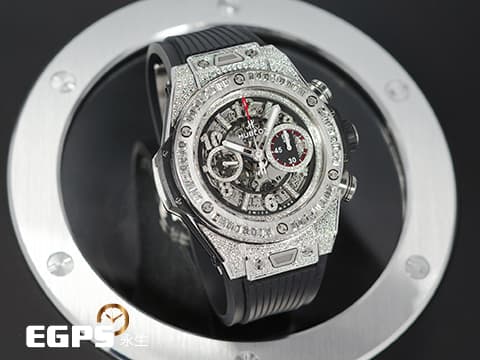 HUBLOT 宇舶 Big Bang Unico 45 Titanium 大爆炸 411.NE.2010.LR.JSM15 鈦金屬 飛返 計時碼表 精鑲鑽石、梯鑽錶框、鑽石時標 鏤空面盤 自動上鍊 45mm