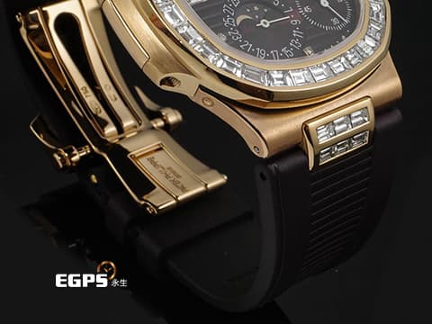 Patek philippe 百達翡麗 PP錶 Nautilus 鸚鵡螺 金鷹系列 5712R-001 18K玫瑰金材質 精鑲大梯鑽框 絕版日內瓦印記 月相盈虧 動能顯示 附原廠出廠證明單 自動上鍊43x38mm