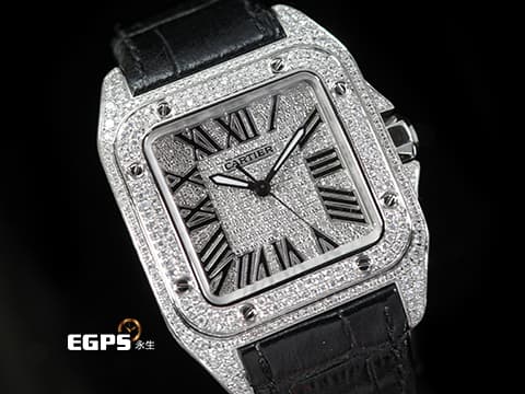 CARTIER 卡地亞 Santos 100 山度士 中型 精鑲滿天星鑽石面盤、鑲鑽錶圈 黑色客製化皮革錶帶 自動上鍊 36mm
