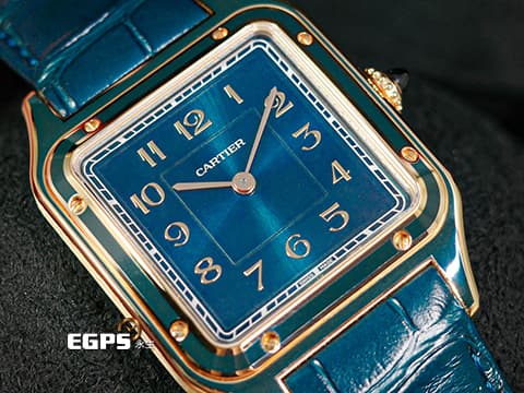 CARTIER 卡地亞 Santos-Dumont 山度士 杜蒙特 WGSA0098 經典 大型款 真漆孔雀藍面盤、錶背鐫刻親筆簽名 玫瑰金材質 2025年保卡 手上鍊 43.5x31.4mm