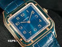 CARTIER 卡地亞 Santos-Dumont 山度士 杜蒙特 WGSA0098 經典 大型款<font color="#ffb43f"> </font><font color="#006d8f">真漆孔雀藍面盤、錶背鐫刻親筆簽名</font><font color="#49bcd7"> </font>玫瑰金材質 <font color="#FF0000">2025年保卡 </font>手上鍊 43.5x31.4mm