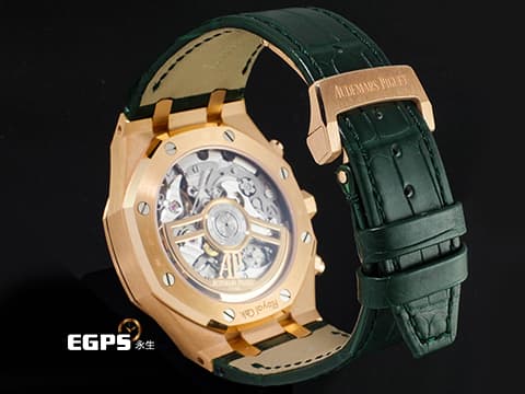 Audemars Piguet 愛彼 AP錶 Royal Oak Chronograph 皇家橡樹 18K玫瑰金材質 26240OR.OO.D404CR.02 軍綠色「Grande Tapisserie」格紋面盤 飛返 計時碼表 2026年保卡 自動上鍊 41mm