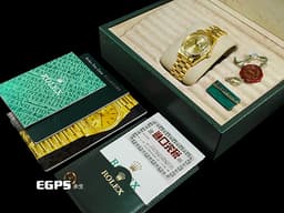 ROLEX 勞力士 Day-Date 36 蠔式 星期日曆型 118238G <font color="#f5e57a">原廠鑽石時標 皇帝金色面盤 18K黃金材質</font> DD36 經典三角坑紋錶圈 <font color="#ff0000">元首型(President)錶帶 總統帶 台灣公司貨</font> 自動上鍊 36mm