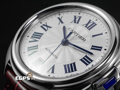 CARTIER 卡地亞 CLE DE CARTIER 鑰匙形錶冠 WSCL0017 銀色透明琺瑯雕紋錶盤 2021年保卡 酒紅色皮帶款 自動上鍊 35mm