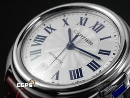 CARTIER 卡地亞 CLE DE CARTIER 鑰匙形錶冠 WSCL0017 <font color="#05f0f0">銀色透明琺瑯雕紋錶盤</font> <font color="#FF0000">2021年保卡</font> 酒紅色皮帶款 自動上鍊 35mm